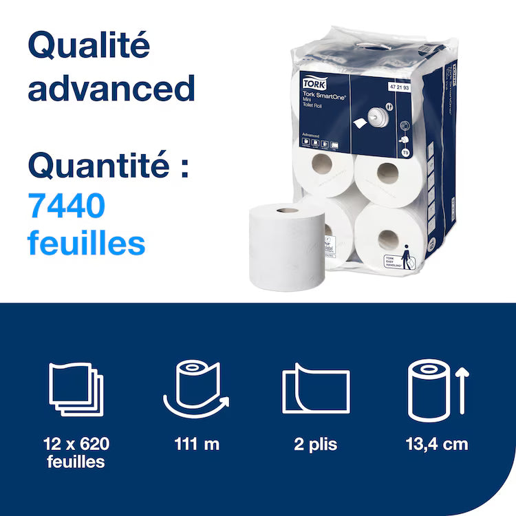 Papier WC Tork Smart One Mini T9 2 plis 12rlx x 110m dévidage central